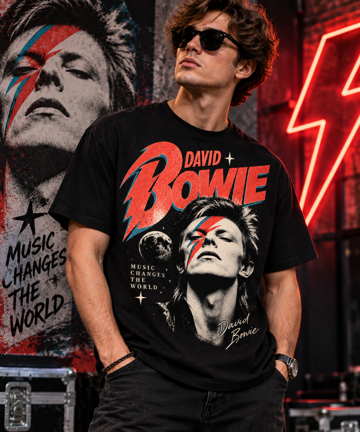 Retro Glam Rock Portrait Tee — Lightning Bolt Music Graphic T-Shirt - Image 3