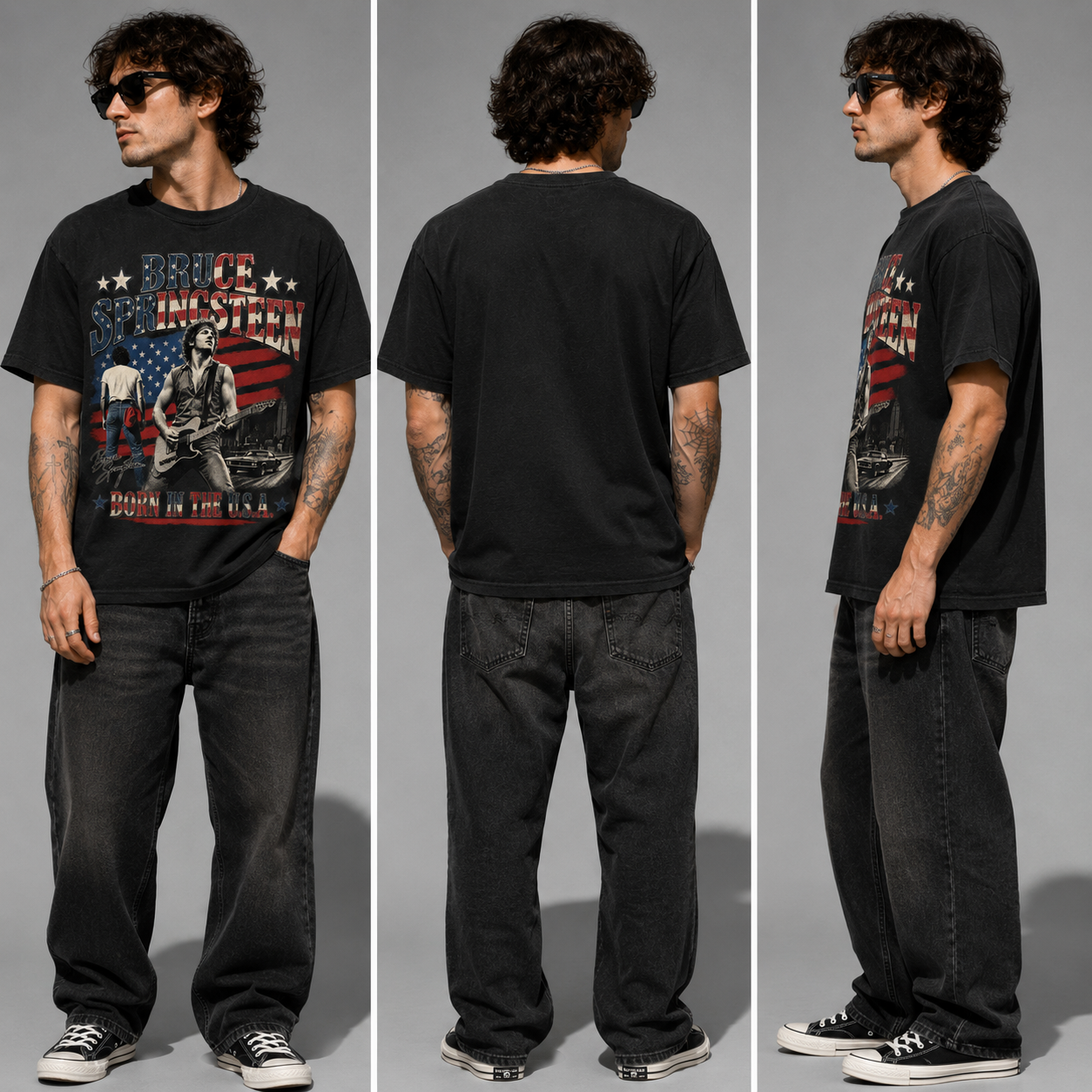 Born in the U.S.A. Bruce Springsteen shirt with guitar player graphic on black cotton